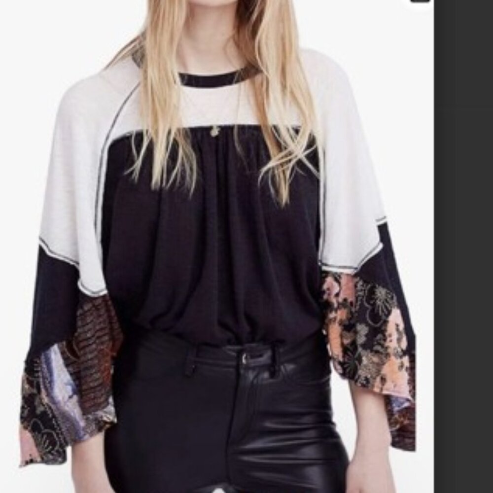 Free People Black and White Mixed-Media Patchwork Bell Sleeve Top